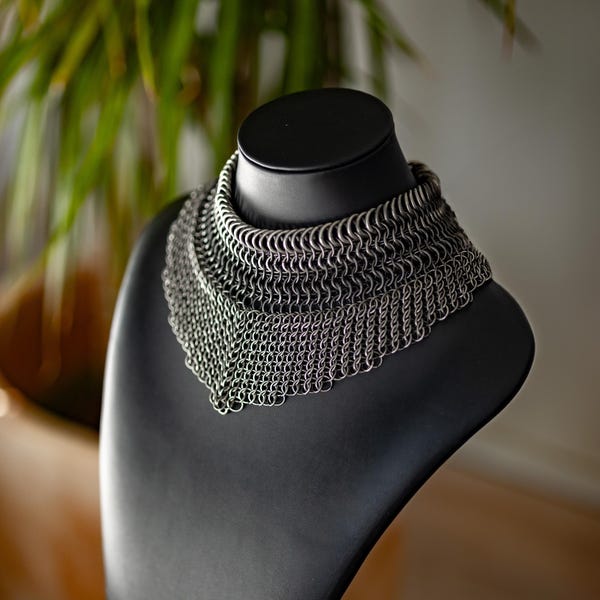 Handmade Chainmail Gorget Necklace – Gunmetal Stainless Steel, Artistic Design, Magnetic Tube Clasp, Custom Sizing