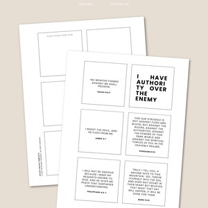 May include: Printable sticky note template with Bible scriptures. The design features a white background with black text, including phrases like "I have authority over the enemy" and "No weapon formed against me shall prosper."