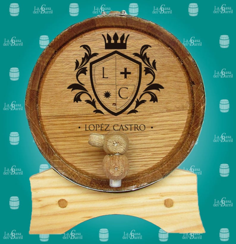May include: A wooden barrel with a metal band and a wooden tap. The barrel is decorated with a crest featuring a shield with the letters L and C, a crown, and the text "LOPEZ CASTRO".