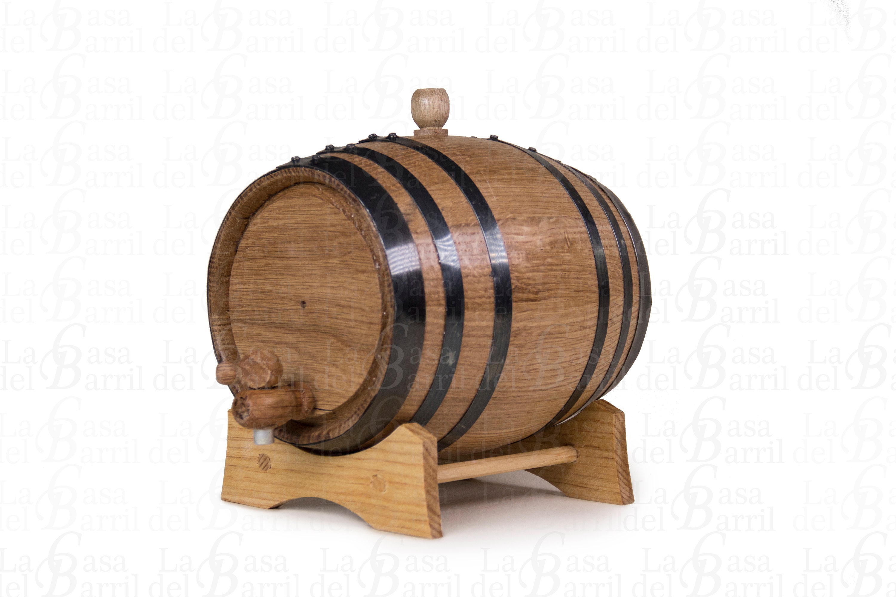 Custom 2L American White Oak Barrel - Burnt Design, with Wood Fittings and Black Hoops