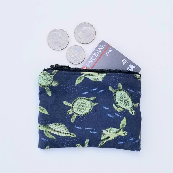 3 Designs Ocean Themed 4" Zippered, Lined Change Purse, Tech Bag, Card Holder and More - Sea Turtles, Sharks, or Sea Shells - Free Shipping