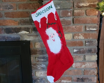 Personalized Hand-Knit Santa Christmas Stocking: Angora Hat & Beard