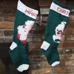 Hand-Knit VINTAGE Santa Claus or Mrs. Claus Christmas Stocking Circa 1950s. Personalized. 100% Angora Hat and Beard on Santa  -Free Shipping
