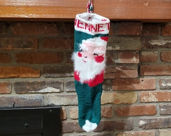 Hand-Knit VINTAGE Santa Claus Christmas Stocking Circa 1950s. Personalized with 100% Angora Hat & Beard - Free Shipping