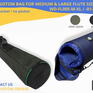 May include: A custom flute bag in army green with a black zipper and a black and white logo. The bag is made of durable fabric and has a padded interior to protect your flute. The bag is available in two sizes: medium and large. The text on the bag reads "WD-FL005-M-XL /-01-M-XL".