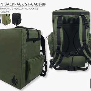 May include: A green cajon backpack with two horizontal pockets and adjustable straps. The backpack has the text "nomono BAGS" on the front.