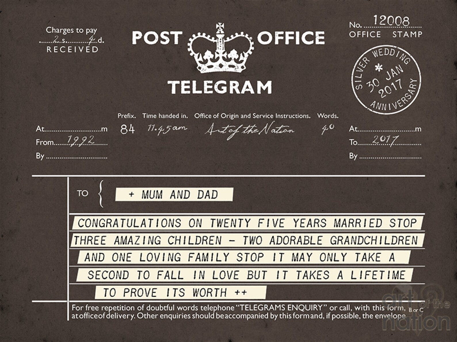 British Post Office Telegram Style Personalised Wedding Anniversary
