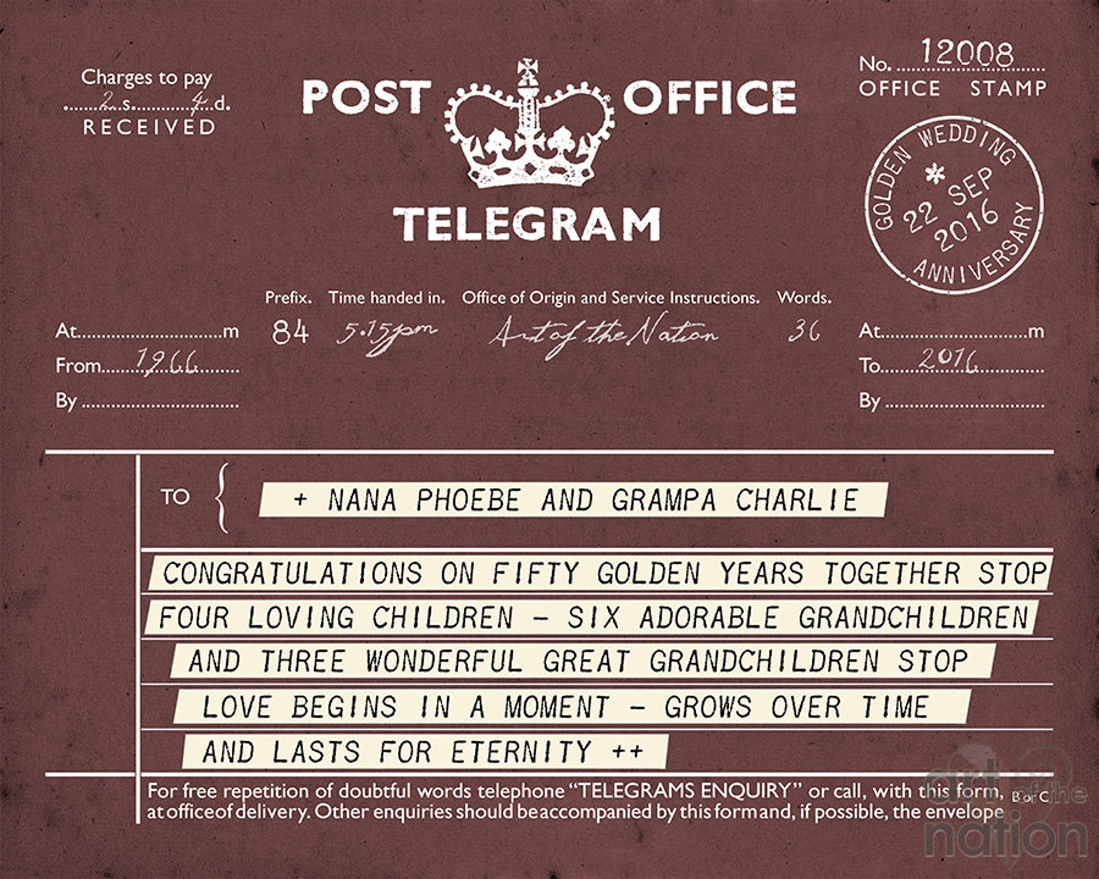 British Post Office Telegram Style Personalised Wedding Anniversary