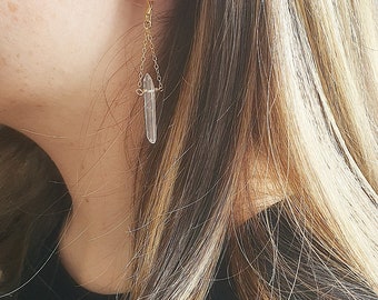 Clear Quartz Point Dangle Earrings, Gold fill Crystal Quartz, Aura Quartz Earrings, Gold filled Clear Quartz Jewelry, Crystal Point Earrings