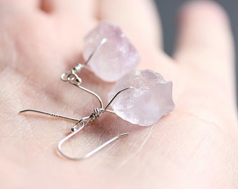 Wire wrap natural Amethyst earrings, Raw Amethyst Dangle Earrings, Sterling Silver, February Birthstone earrings, Rough Stone Jewelry