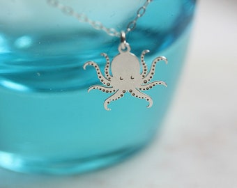Sterling Silver Octopus Necklace, Marine Charm, Beach Jewelry