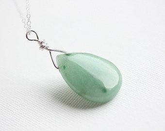 Green Aventurine Teardrop Pendant Necklace, Sterling Silver Wire Wrap