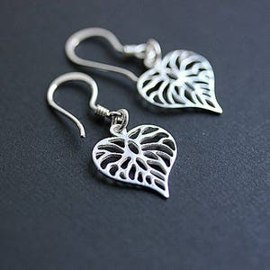 Dangle Leaf Earrings, Filigree Heart Leaf Earrings, Leaf Jewelry, Minimalist Jewelry, Floral Earrings, Heart Dangle, Heart shape Earrings image 4