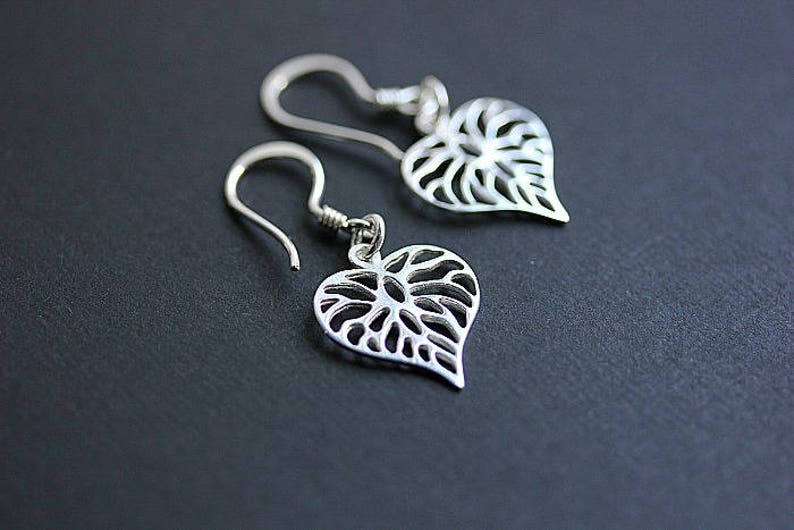 Dangle Leaf Earrings, Filigree Heart Leaf Earrings, Leaf Jewelry, Minimalist Jewelry, Floral Earrings, Heart Dangle, Heart shape Earrings image 4