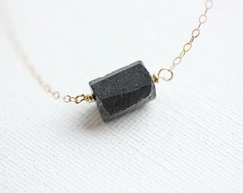 Raw Black Tourmaline Pendant, Gold Filled Necklace, October Birthstone