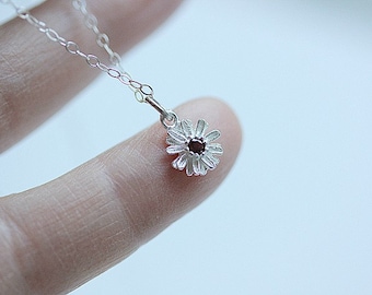 Flower Necklace, Ruby Necklace, Daisy Necklace, July Birthstone Necklace, Ruby necklace in Sterling Silver, Floral necklace, Floral Jewelry