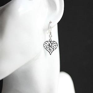 Dangle Leaf Earrings, Filigree Heart Leaf Earrings, Leaf Jewelry, Minimalist Jewelry, Floral Earrings, Heart Dangle, Heart shape Earrings image 3