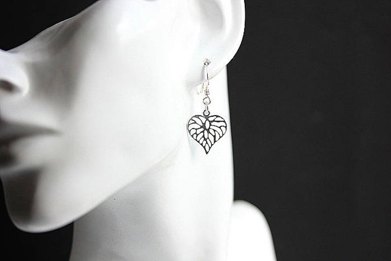 Dangle Leaf Earrings, Filigree Heart Leaf Earrings, Leaf Jewelry, Minimalist Jewelry, Floral Earrings, Heart Dangle, Heart shape Earrings image 3