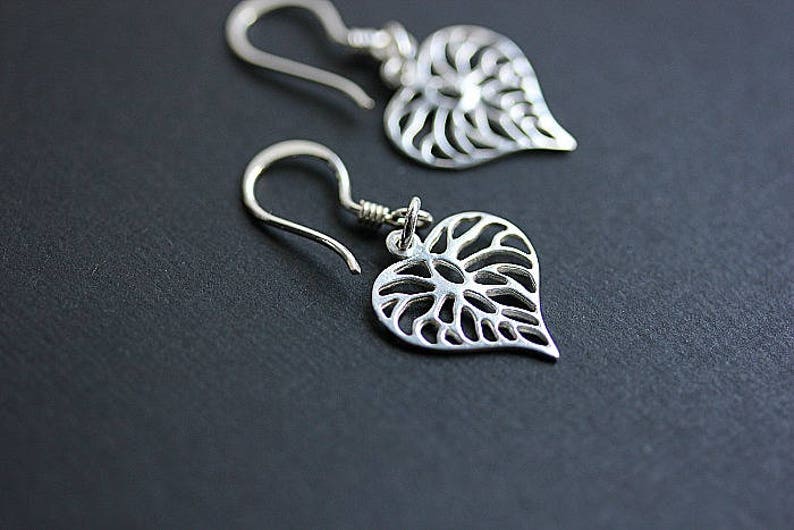 Dangle Leaf Earrings, Filigree Heart Leaf Earrings, Leaf Jewelry, Minimalist Jewelry, Floral Earrings, Heart Dangle, Heart shape Earrings image 6