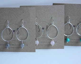 Delicate Teardrop with gemstone Earrings, Sterling Silver, Turquoise Dangle Earrings, Rose Quartz Earrings, Labradorite Earrings