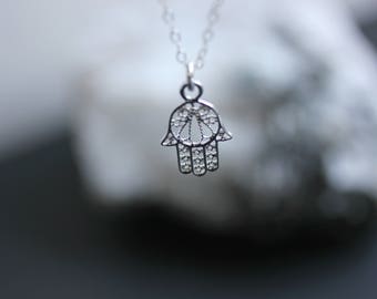 Yoga Necklace in Sterling silver, Filigree Hamsa hand, Good luck Necklace, Yoga Jewelry, Protection, Layering Necklace, Yoga Necklace