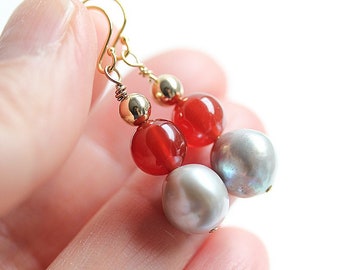 Gold Filled Carnelian and Pearl Earrings, Dangle Pearl and Carnelian, Multi stone earrings, Elegant Earrings, July Birthstone, Pearl Jewelry