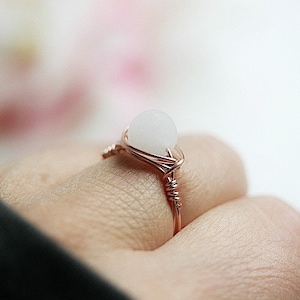 Rose Gold White Jade Ring, Gemstone Ring, Crystal Ring, June Birthstone, Birthstone Ring, White Stone Ring, Gift for Her, Wire wrap Ring