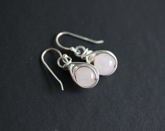 Sterling Silver Rose Quartz Wire Wrapped Gemstone Earrings,  Pink Drop Earrings, Pink Gemstones, Rose Quartz Jewelry
