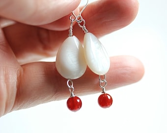 Mother of pearl dangle earrings, Red agate earrings, Elegant earrings, Red mop earrings, Gift for her, Gift for mom, Pearl jewelry