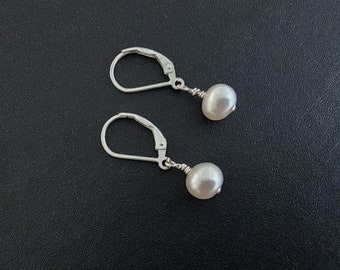 Sterling Silver Tiny Pearl earrings, Freshwater pearl earring, Lever back Earrings, French wire Earrings, Dangle drop tiny pearls earrings