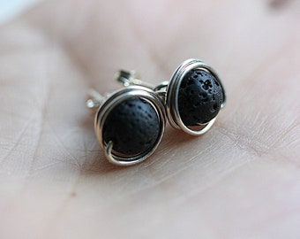 Wire wrap Lava Rock Earrings, Sterling Silver, Lava Rock Jewelry, Lava Rock Stud Earring, Black Gemstone Earrings, Lava bead Earrings