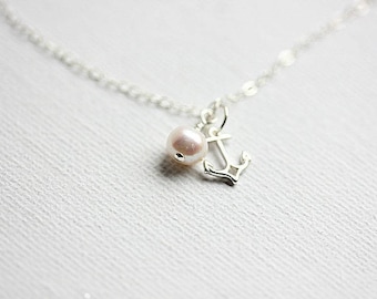 Anchor Necklace with Freshwater Pearl or Swarovski Birthstone, Anchor Charm, Delicate Sterling Silver Chain, Nautical Jewellery,Gift for her