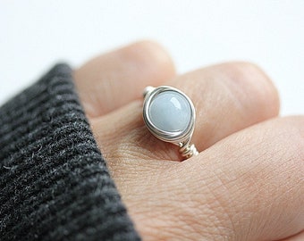 Aquamarine Wire Wrapped Ring, March Birthstone Ring, Aquamarine Jewelry, Blue Gemstone Ring, Handmade Ring, Gift for her, Gift for him