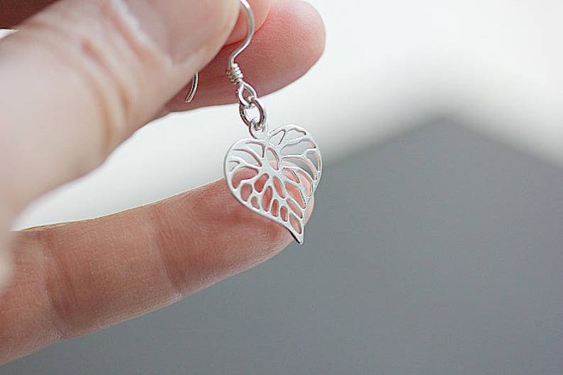 Dangle Leaf Earrings, Filigree Heart Leaf Earrings, Leaf Jewelry, Minimalist Jewelry, Floral Earrings, Heart Dangle, Heart shape Earrings image 5