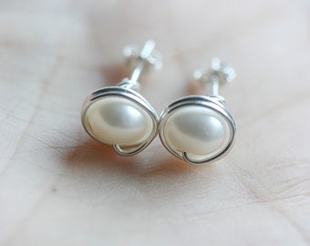 Pearl Jewelry, Twice Wrapped Pearl Stud Earrings, Sterling Silver Pearl Earrings, June Birthstone Earrings, Bridesmaid Earrings,Gift for her