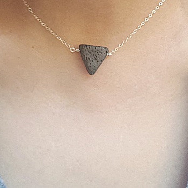 Triangle Lava Rock Necklace - Lava stone Necklace - Lava rock Jewelry - Essential Oil Diffuser Necklace - Minimalist, Yoga - Black Necklace