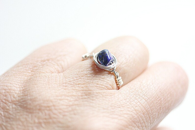 Blue ring September Birthstone Ring Delicate ring Wire wrapped ring Wire wrap Lapis Lazuli Crystal bead ring Blue gemstone ring