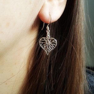 Dangle Leaf Earrings, Filigree Heart Leaf Earrings, Leaf Jewelry, Minimalist Jewelry, Floral Earrings, Heart Dangle, Heart shape Earrings image 2