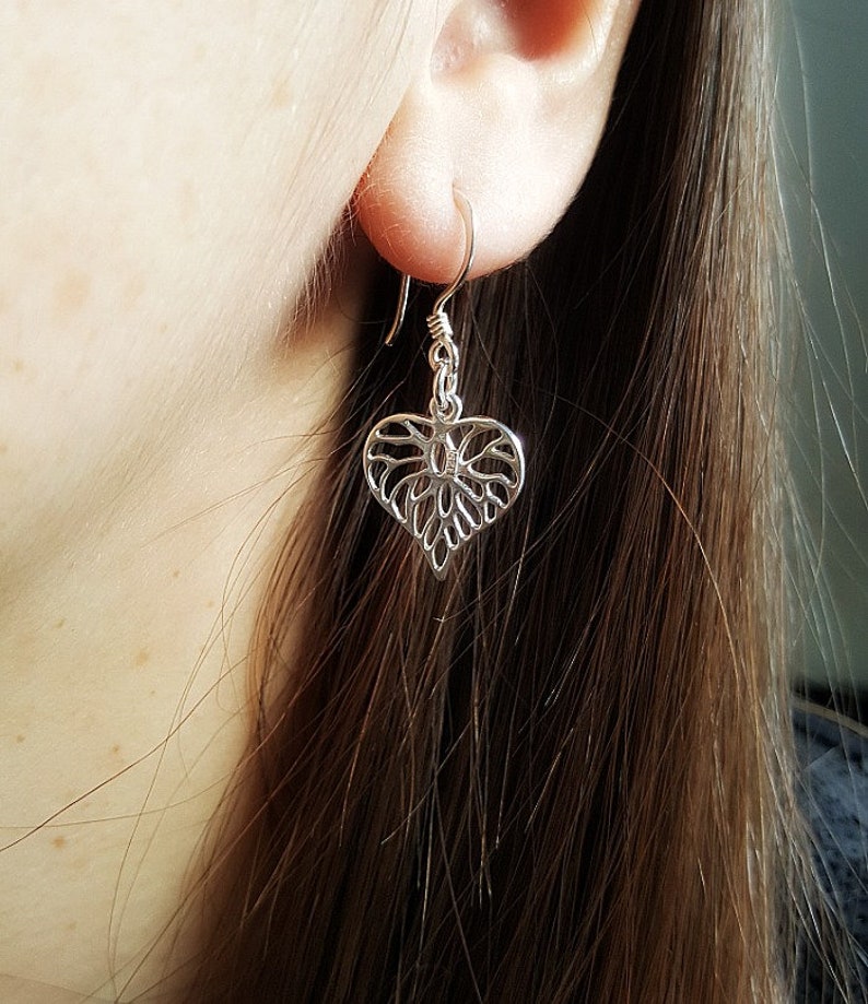 Dangle Leaf Earrings, Filigree Heart Leaf Earrings, Leaf Jewelry, Minimalist Jewelry, Floral Earrings, Heart Dangle, Heart shape Earrings image 2