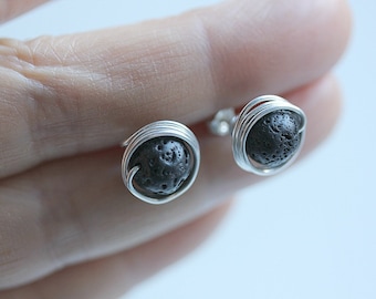 Lava Rock Earrings, Sterling Silver, Lava Rock Jewelry, Lava Rock Stud Earring, Diffuser Earrings, Black Stone Earring, Lava bead Earrings