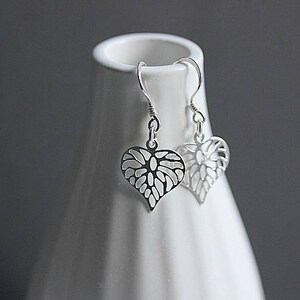 Dangle Leaf Earrings, Filigree Heart Leaf Earrings, Leaf Jewelry, Minimalist Jewelry, Floral Earrings, Heart Dangle, Heart shape Earrings image 1