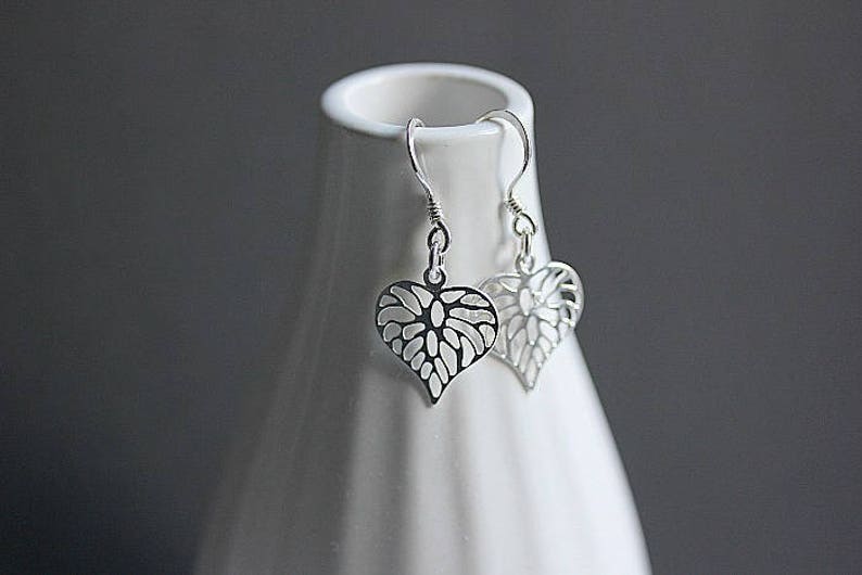 Dangle Leaf Earrings, Filigree Heart Leaf Earrings, Leaf Jewelry, Minimalist Jewelry, Floral Earrings, Heart Dangle, Heart shape Earrings image 1