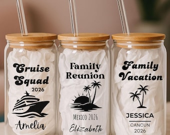Personalized Family Vacation Glass Tumbler with Lid & Straw,