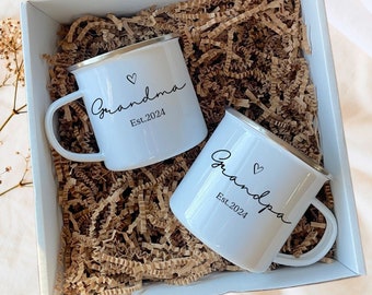 Grandparents Pregnancy Announcement with Personalized Enamel Mugs