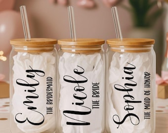 Personalized Bridesmaid Glass Tumbler, Custom Name Wedding Cup for Bridesmaids, Maid of Honor, The Bride- 16oz with Lid and Straw