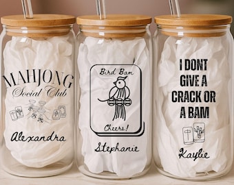 Personalized Mahjong Tumbler, Custom Name Glass Cup with Bamboo Lid & Straw