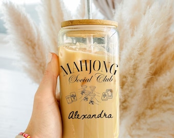Personalized Mahjong Tumbler, Custom Name Glass Cup with Bamboo Lid & Straw