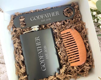 Godfather Gift, Personalized Godfather Proposal Box, Custom Engraved Hip Flask & Bottle Opener, Will you be my Godfather Gift Box