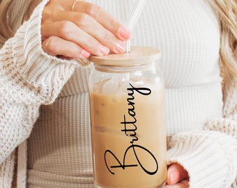 Personalized Glass Tumbler with Straw and Lid: Custom Iced Coffee Cup