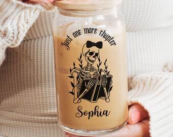 Personalized Skeleton Book Lover Glass Tumbler, Just One More Chapter, Custom Name, Gift for Bookworms, Literary Gift